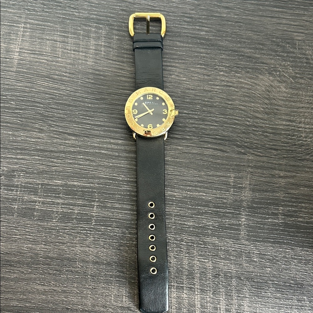 Marc Jacobs Black and Gold Watch with Leather Strap